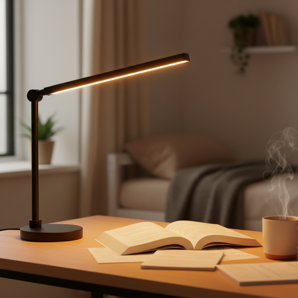 Warm bedside lamp in a calm bedroom at night