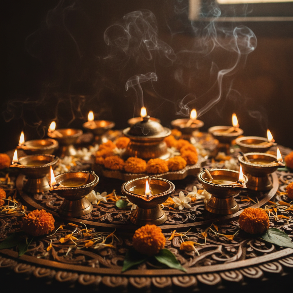 Close-up of traditional brass oil lamps glowing with warm golden light, surrounded by flower petals and incense smoke