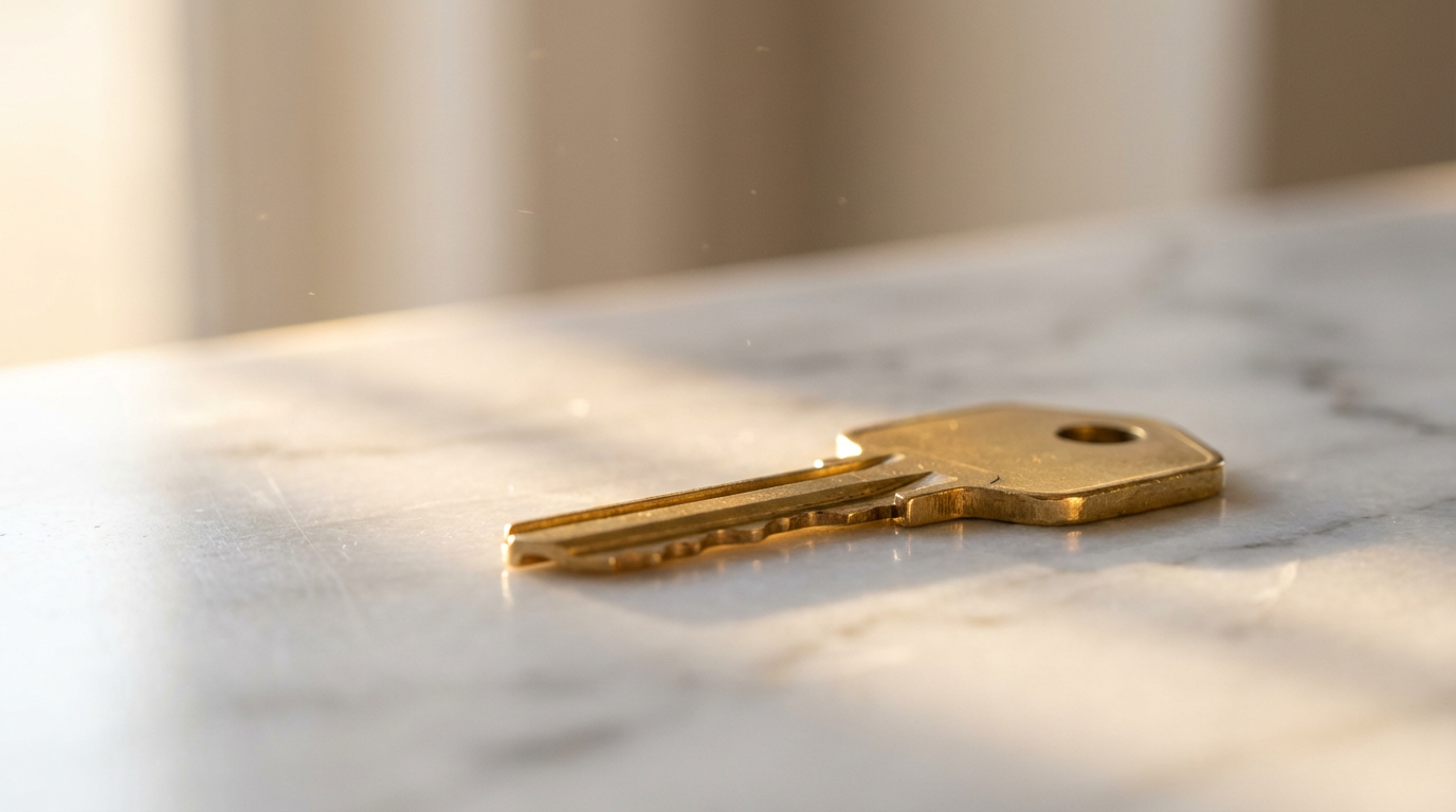 Brass house key on white marble with warm golden light and floating dust motes.