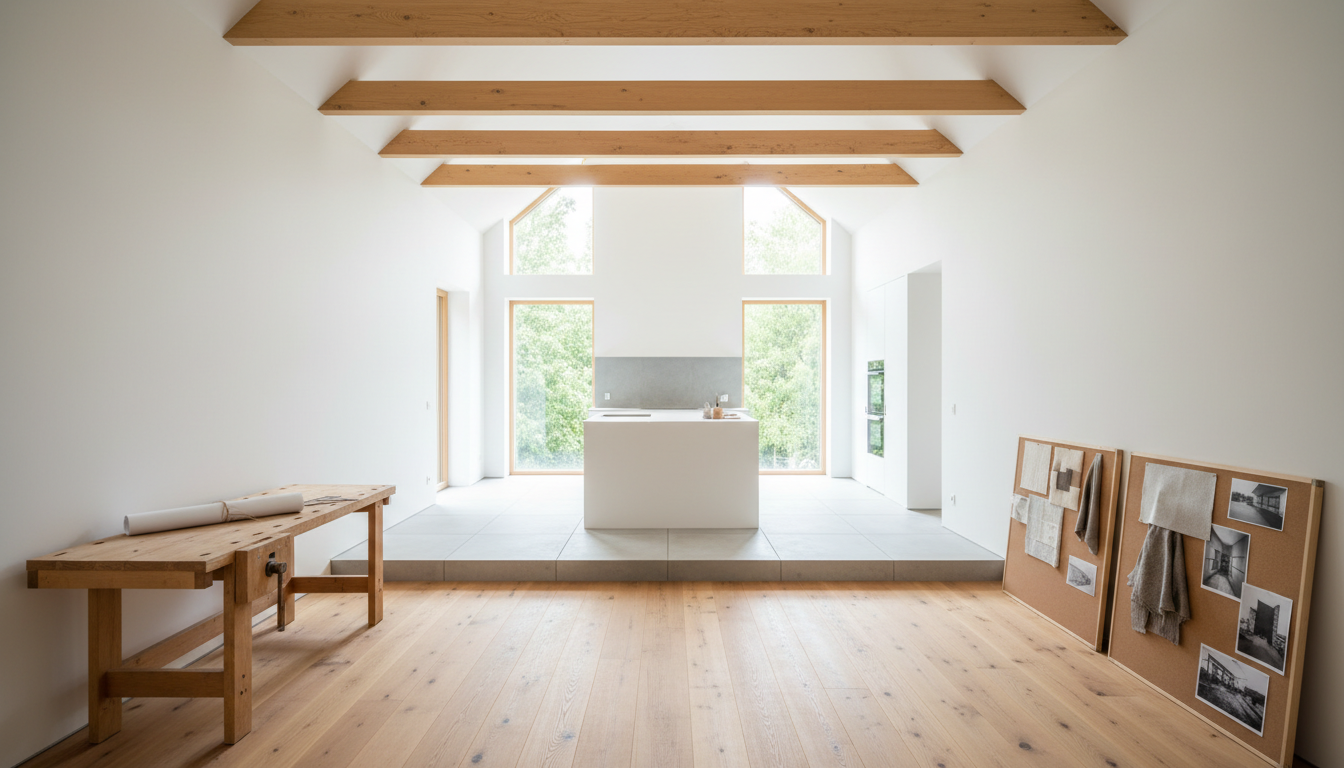 Bright, open-plan residential interior during renovation with wooden beams, white walls, and natural lighting throughout Bright, open-plan residential interior during renovation with wooden beams, white walls, and natural lighting throughout
