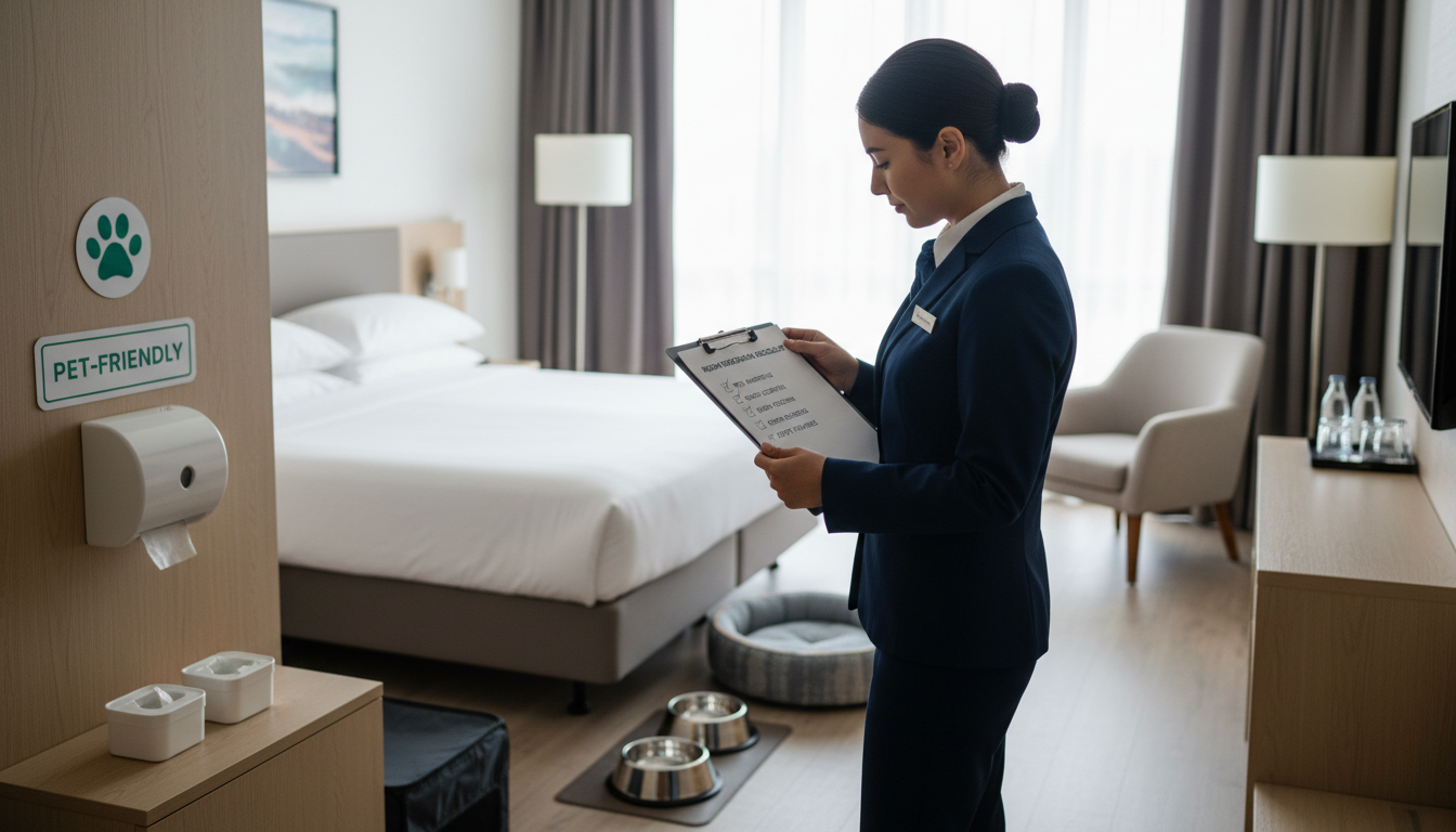 Hotel staff member with clipboard inspecting pet-friendly room amenities and safety features