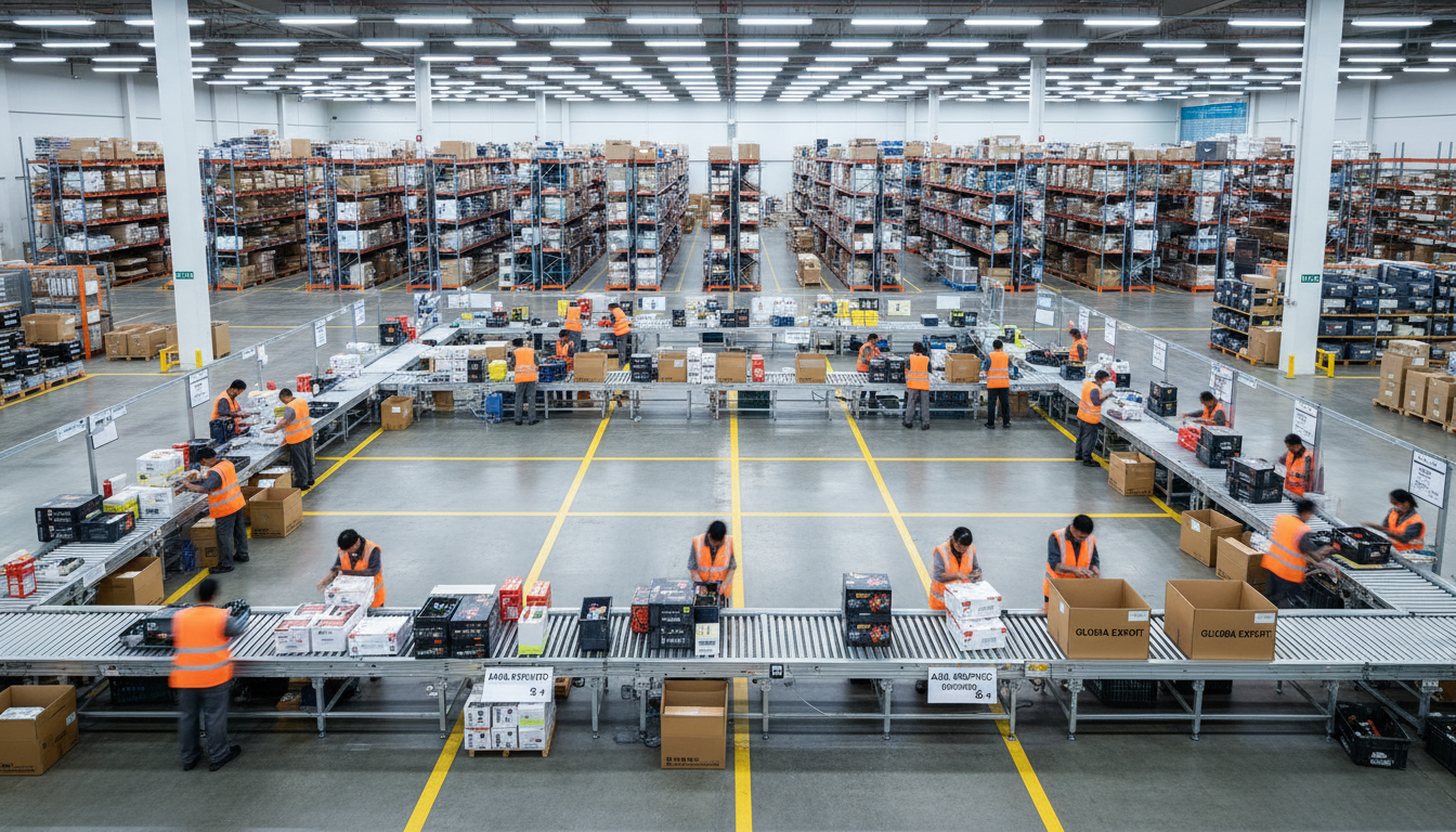Workers sorting and packing colorful imported products in organized warehouse with conveyor systems and stacked shelving Workers sorting and packing colorful imported products in organized warehouse with conveyor systems and stacked shelving