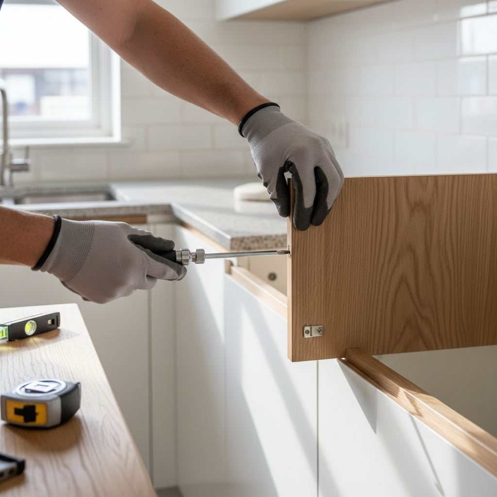carpenter installing cabinets