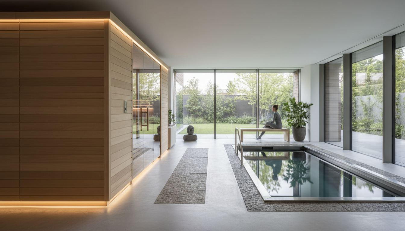 Balanced recovery requires listening to your body's signals of fatigue and adaptations. Interior of a modern wood sauna with a view of a cold plunge tub ready for use