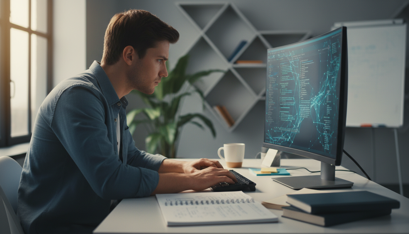 student studying computer