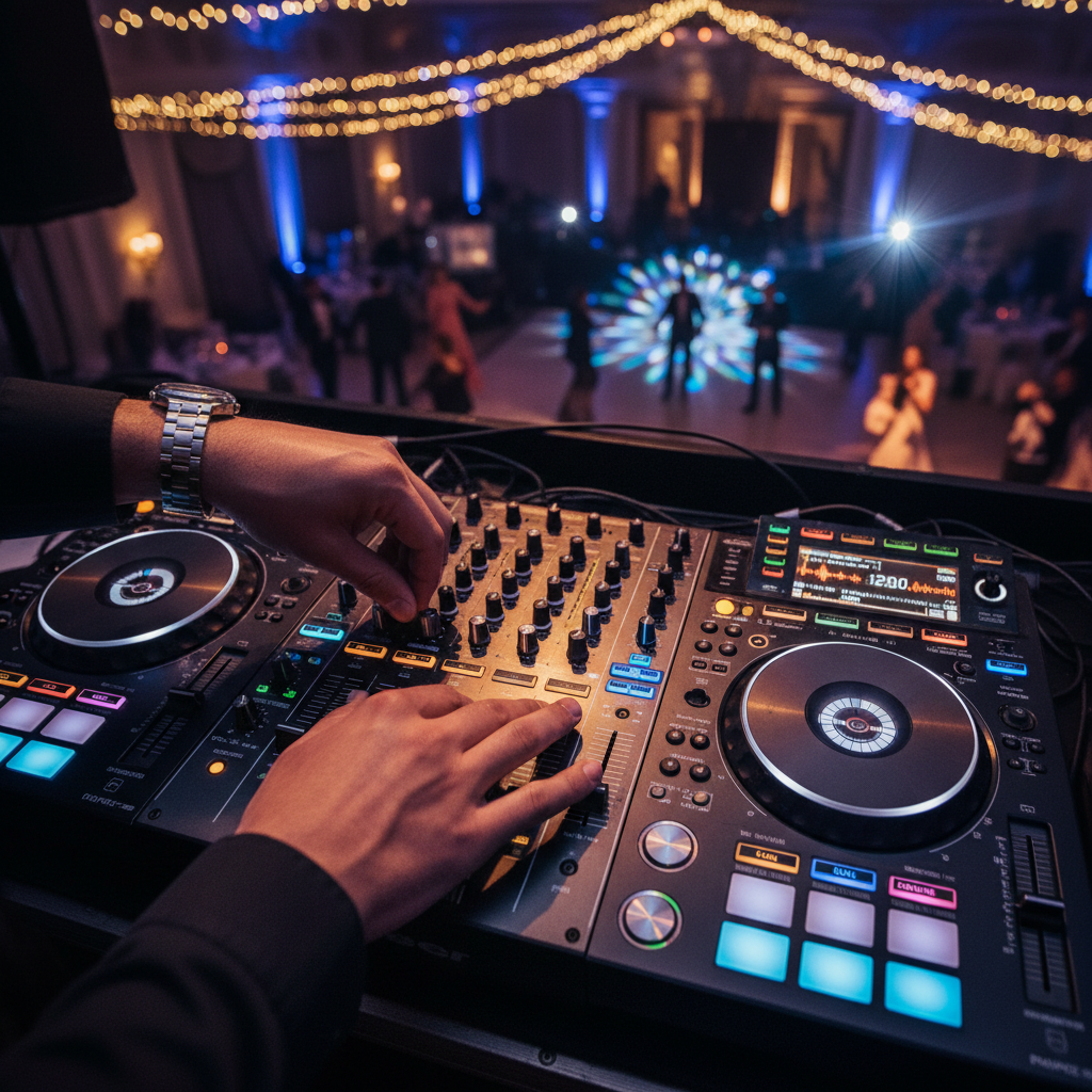 Professional DJ hands operating mixing console with illuminated controls at luxury wedding reception Professional DJ hands operating mixing console with illuminated controls at luxury wedding reception