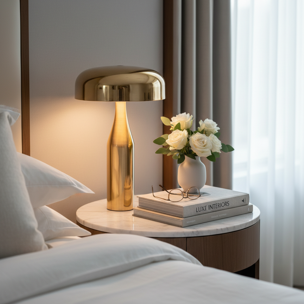 Luxury bedroom nightstand styled with premium linens, brass lamp, fresh flowers, and design book in soft natural light