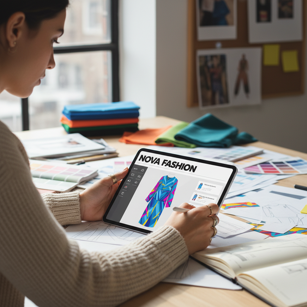 Designer using stylus and tablet to create custom clothing design in bright, creative workspace with fabric swatches nearby