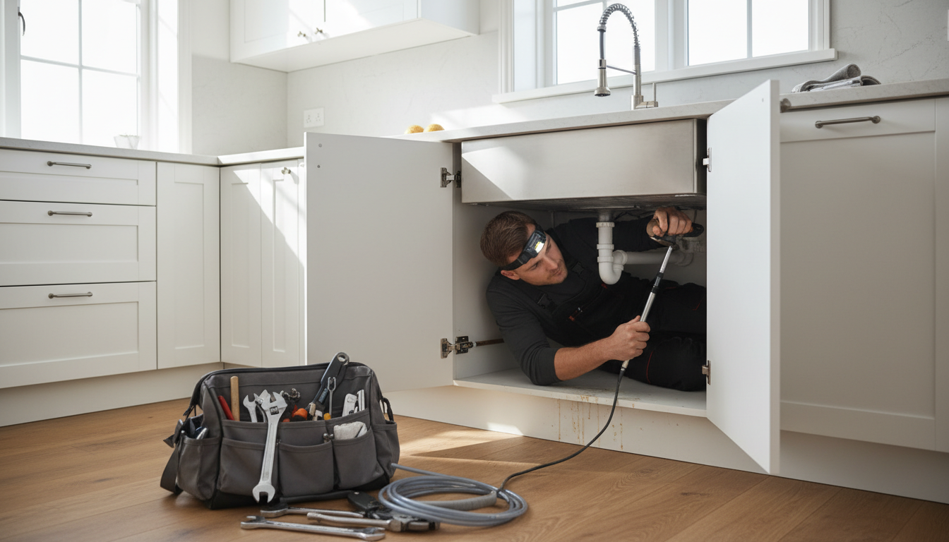 Sanpete Plumbing provides thorough inspections to identify sediment issues before they cause failures. Professional plumber inspecting water heater pipes with a flashlight under a residential sink.