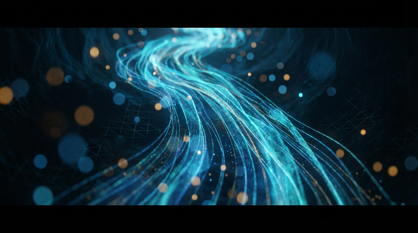 Glowing blue and cyan light streams flowing through dark space with golden bokeh, abstract digital data visualization with depth.