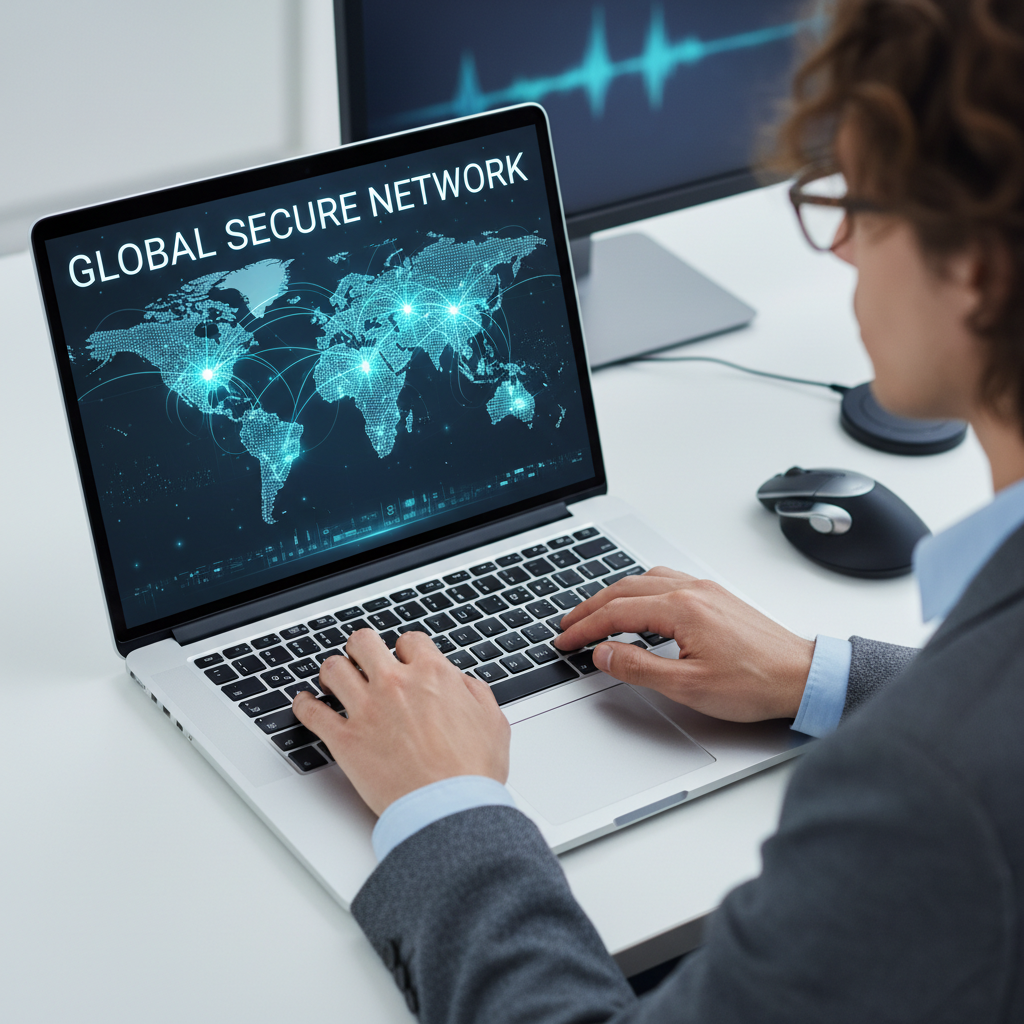 Laptop screen showing a global secure network map, illustrating how a VPN encrypts your connection