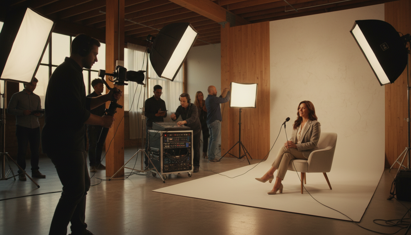 Video production studio with camera operator filming subject, lighting rigs, and sound technician monitoring audio Video production studio with camera operator filming subject, lighting rigs, and sound technician monitoring audio