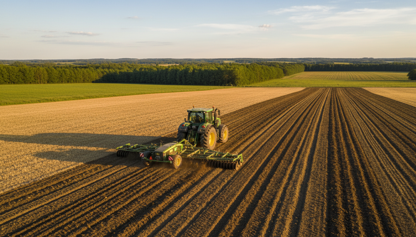 Large tractor with plow attachment working across expansive rural field creating dramatic rows under golden afternoon light Large tractor with plow attachment working across expansive rural field creating dramatic rows under golden afternoon light