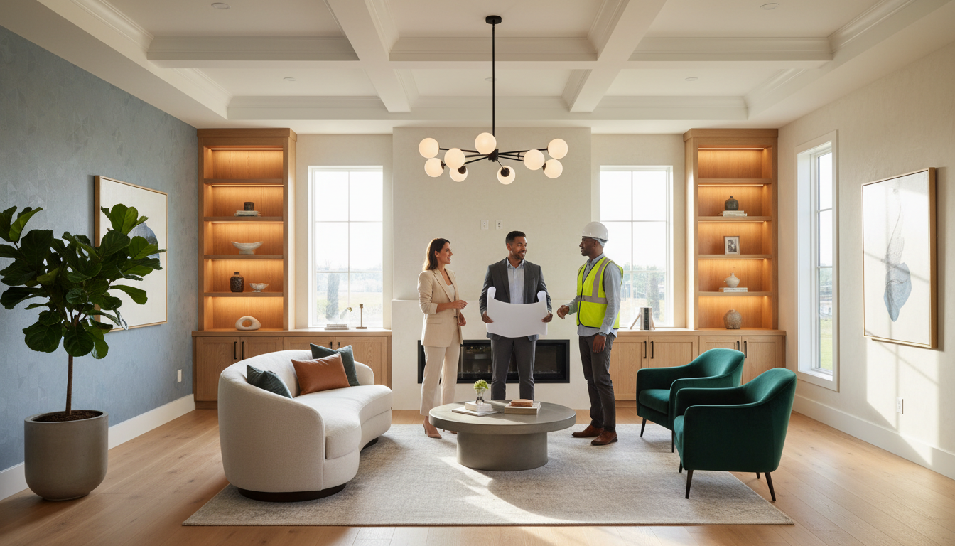 Modern living room with design team reviewing completed renovation, custom shelving, designer lighting, and refined finishes in natural light Modern living room with design team reviewing completed renovation, custom shelving, designer lighting, and refined finishes in natural light