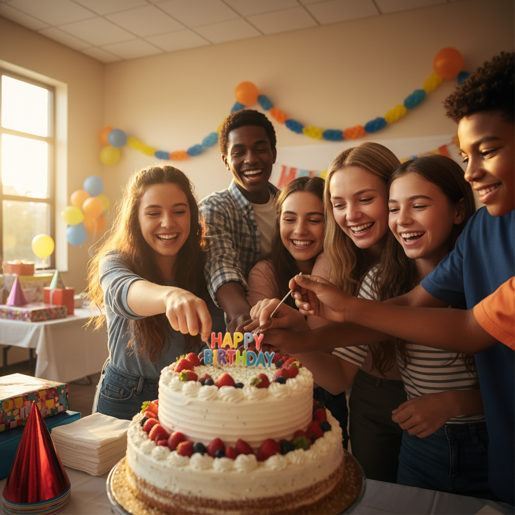Diverse group of volunteers and foster youth joyfully gathered around decorated birthday cake sharing celebratory moment