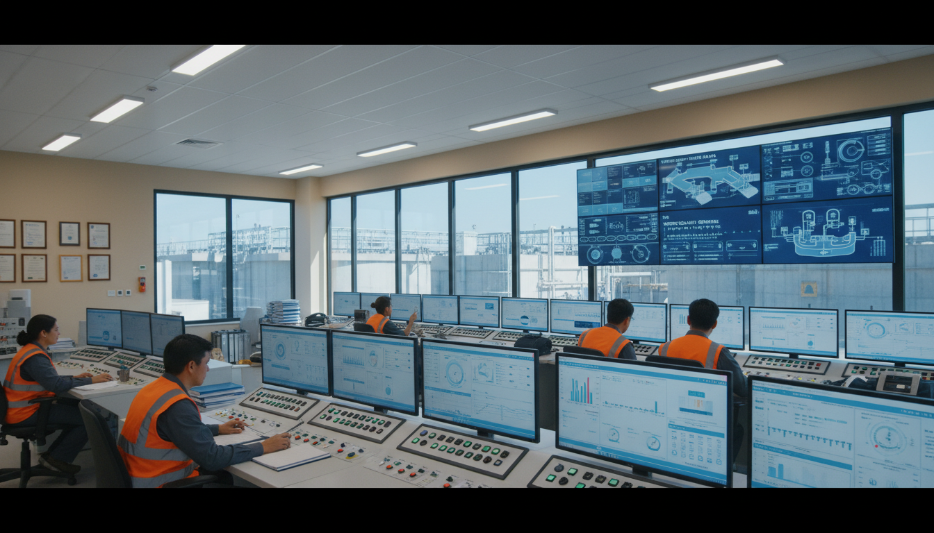 Water treatment technicians monitoring real-time data on control panels in modern facility control room with illuminated displays