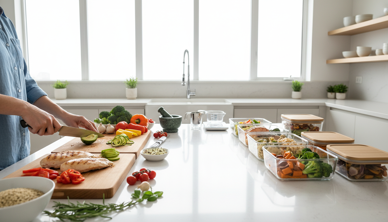 Modern kitchen workspace with prepared meals in glass containers and fresh ingredients for weekly meal planning Modern kitchen workspace with prepared meals in glass containers and fresh ingredients for weekly meal planning