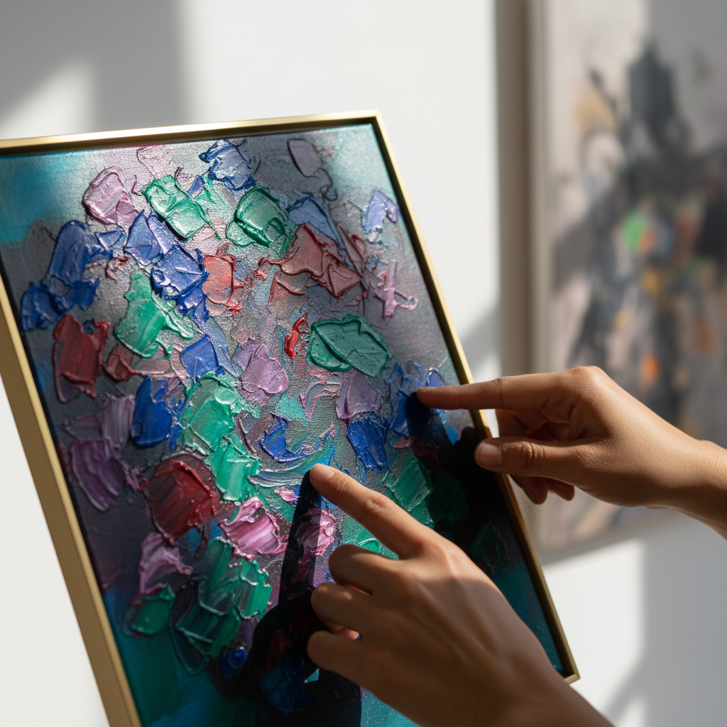 Collector's hands closely examining framed abstract painting, appreciating brushwork and texture in gallery setting