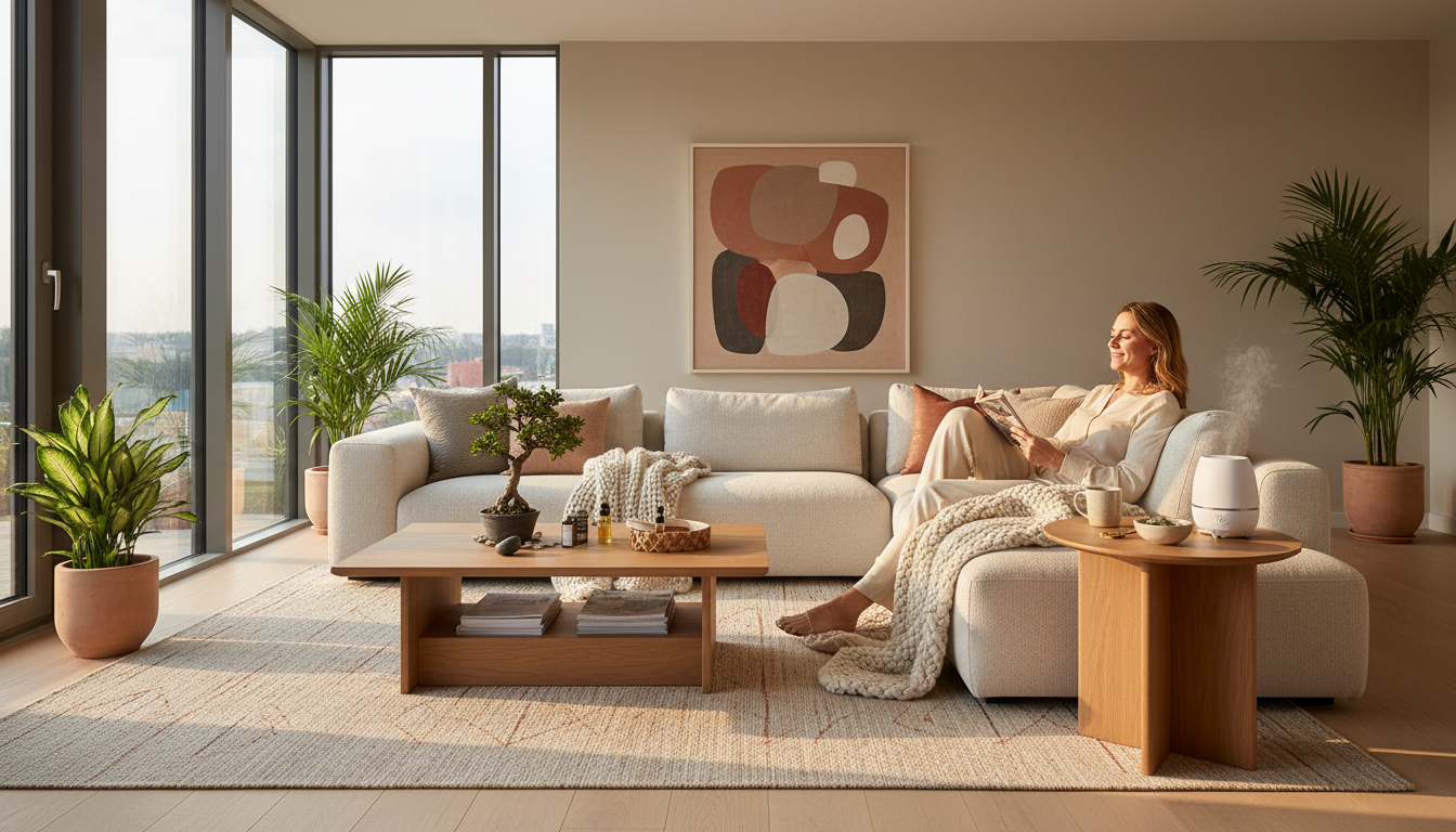 Professional relaxing on comfortable sofa in sunlit modern living room surrounded by organized comfort items and quality home furnishings Professional relaxing on comfortable sofa in sunlit modern living room surrounded by organized comfort items and quality home furnishings
