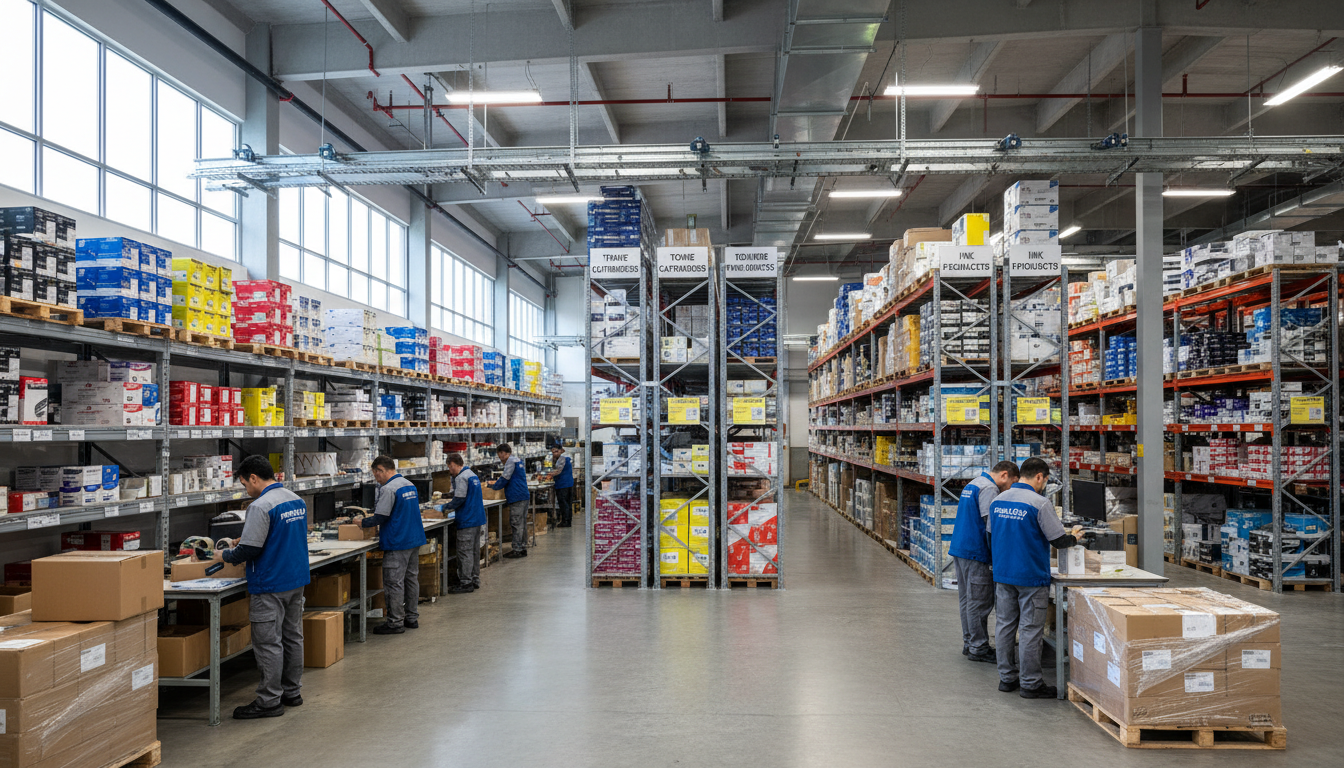 Modern distribution warehouse with rows of organized toner cartridge inventory and workers packing orders at multiple workstations