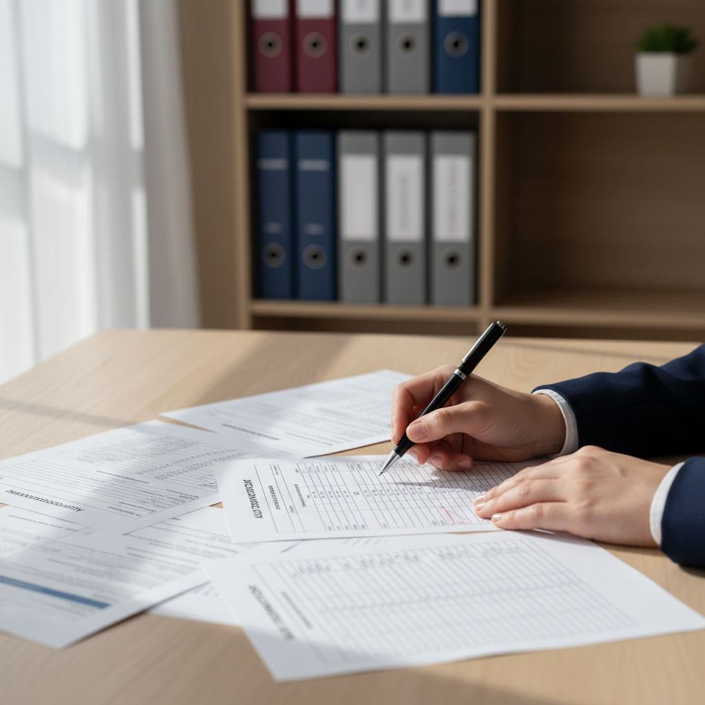 Compliance consultant's hands reviewing audit documentation and regulatory forms on a wooden desk with natural window light Compliance consultant's hands reviewing audit documentation and regulatory forms on a wooden desk with natural window light