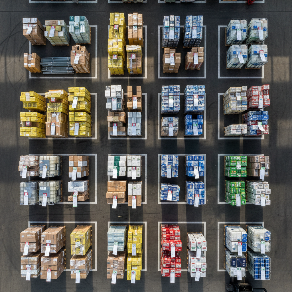 Overhead view of organized warehouse floor with color-coded pallets containing diverse products including beverages, construction materials, and industrial goods