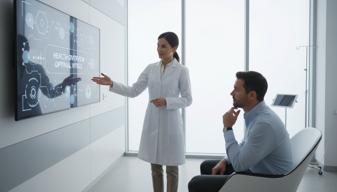 Healthcare provider discussing digital health metrics with patient in modern medical examination room with data visualization display