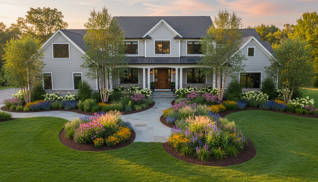 Professionally landscaped residential front yard with flowering plants, shrubs, and manicured lawn during golden hour