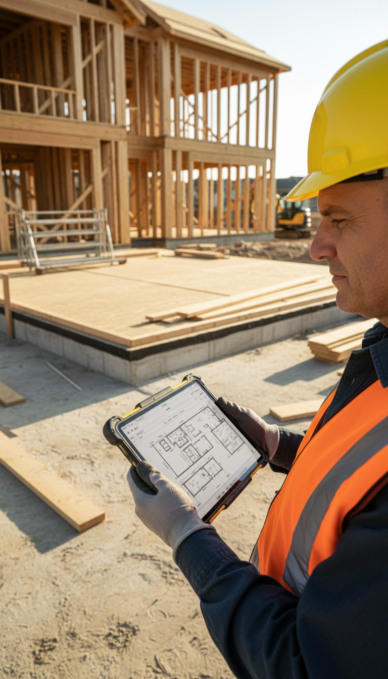 Construction foreman in safety gear reviewing building plans on tablet at residential framing site with wooden structure and foundation visible Construction foreman in safety gear reviewing building plans on tablet at residential framing site with wooden structure and foundation visible