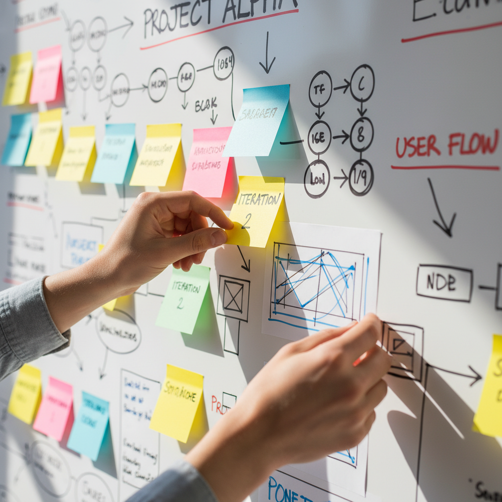 The best consultants provide a clear roadmap that visualizes complex growth opportunities. Close-up of a whiteboard with a complex network of lines and sticky notes representing a growth process.