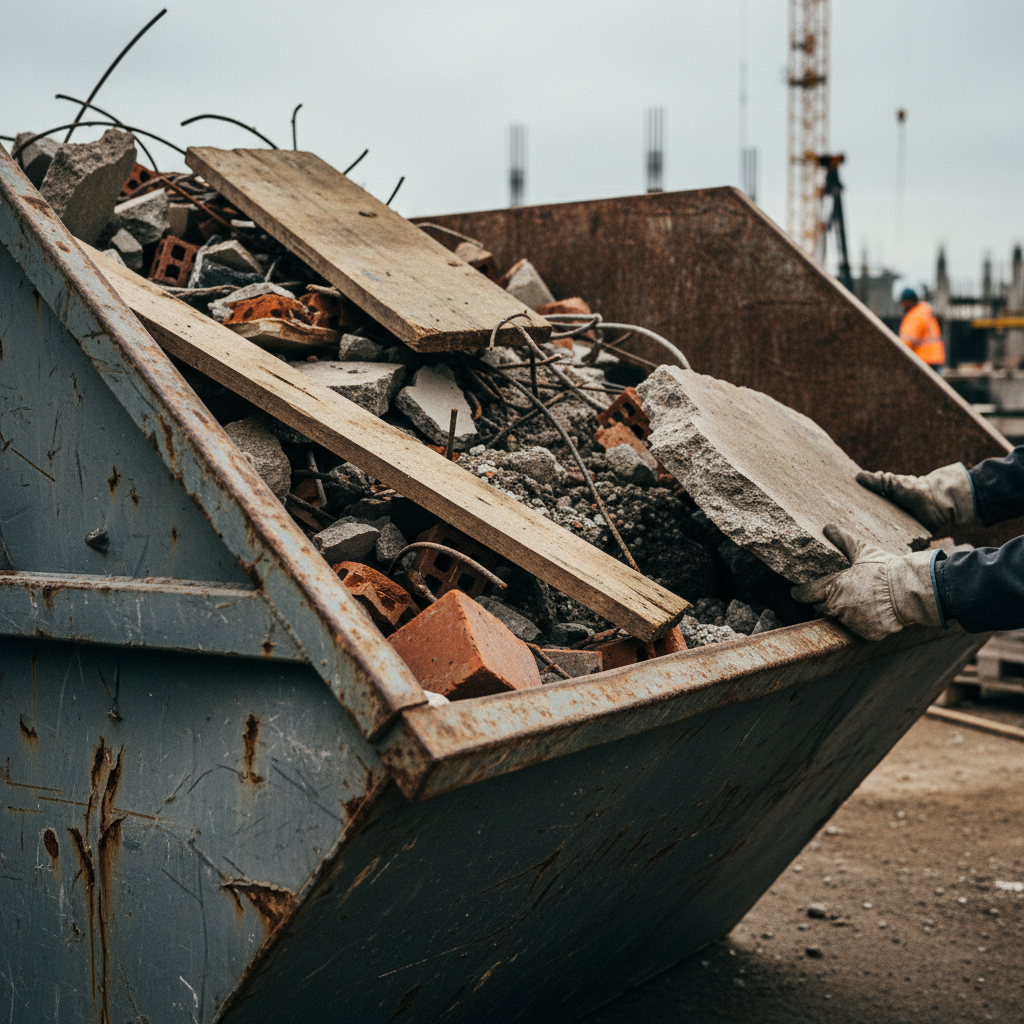 Close-up of worker loading construction debris and rubble into a heavy-duty steel skip bin on a construction site Close-up of worker loading construction debris and rubble into a heavy-duty steel skip bin on a construction site