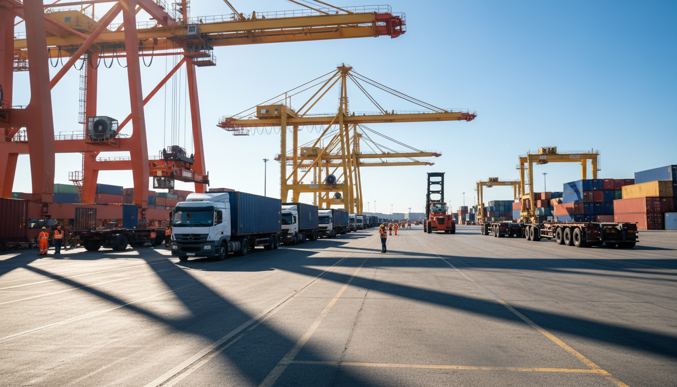 Efficient drayage coordination is the key to preventing terminal dwell and storage fees. A specialized drayage truck lifting a shipping container at a busy intermodal rail terminal.
