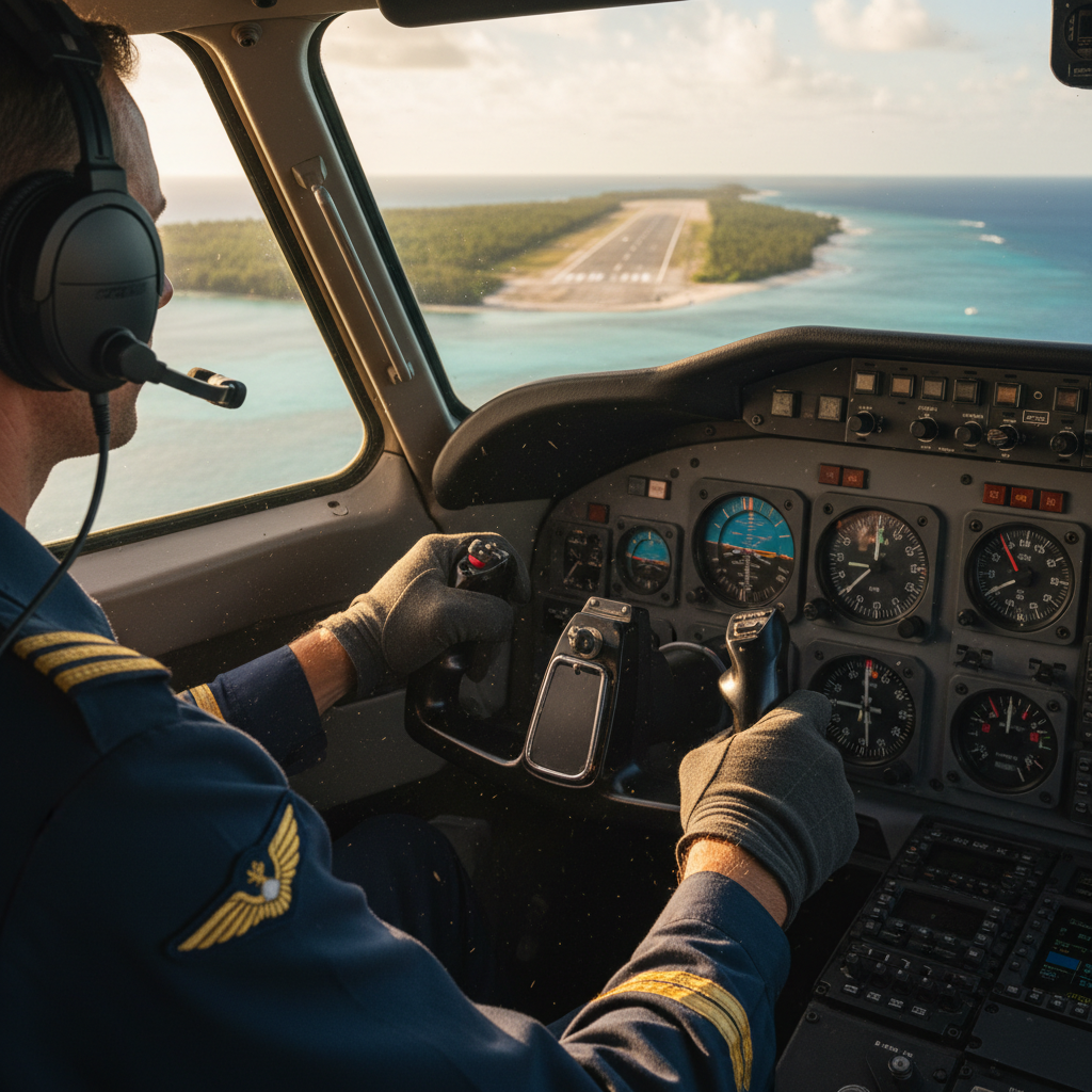 Pilot's hands on aircraft control yoke approaching remote tropical island airstrip with ocean and beaches visible through cockpit window Pilot's hands on aircraft control yoke approaching remote tropical island airstrip with ocean and beaches visible through cockpit window