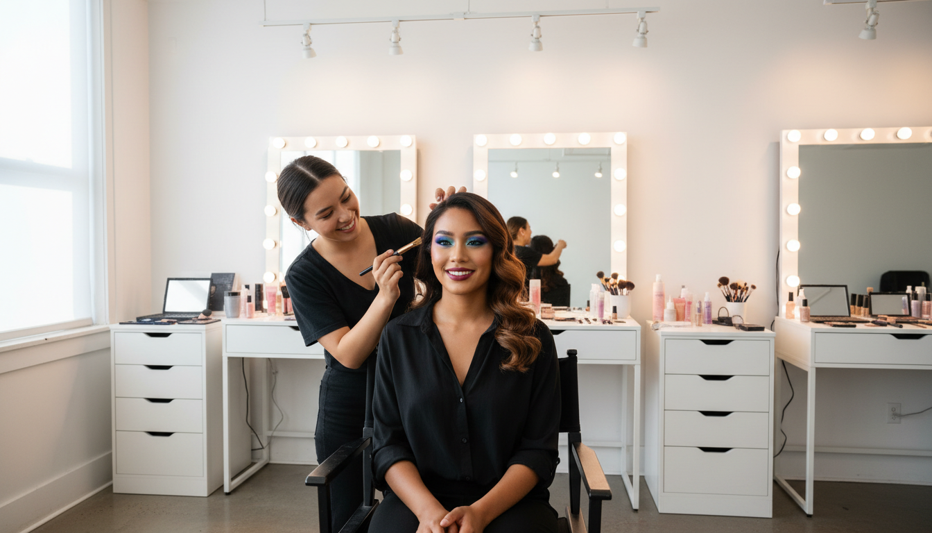 Makeup artist applying finishing touches to client's full glam makeup in professional studio with vanity mirror and ring lights