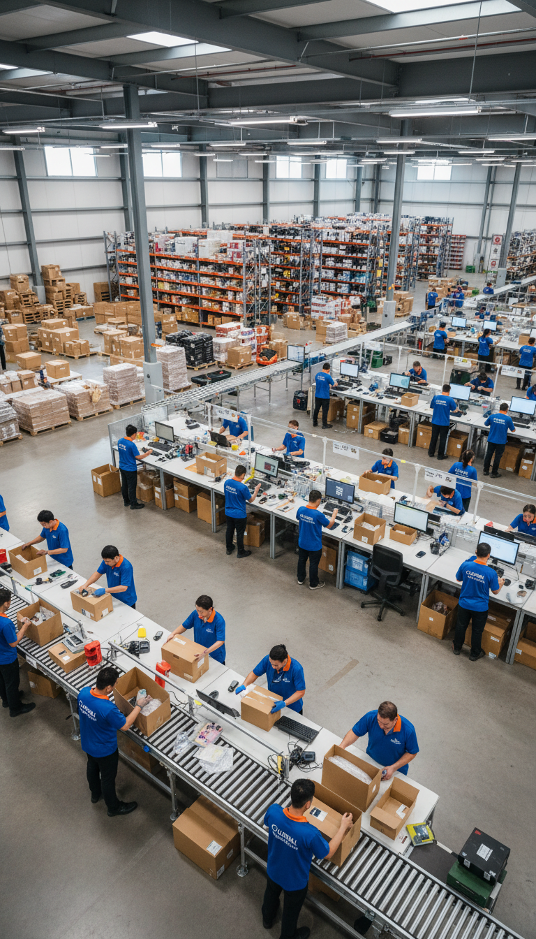 Diverse warehouse workers efficiently packing and processing orders in organized fulfillment center with shelving, boxes, and industrial equipment