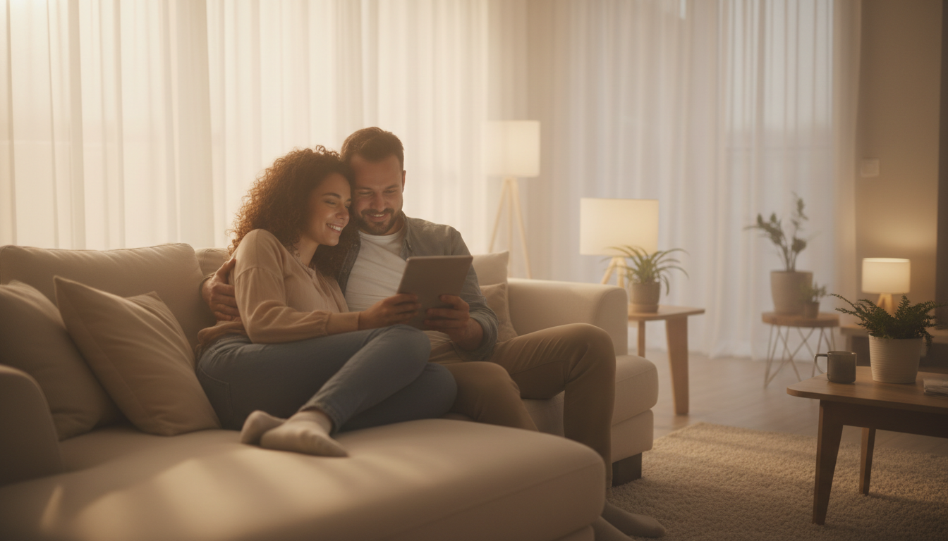 Diverse couple sitting together on couch viewing romantic content on tablet with warm golden hour lighting and genuine smiles Diverse couple sitting together on couch viewing romantic content on tablet with warm golden hour lighting and genuine smiles