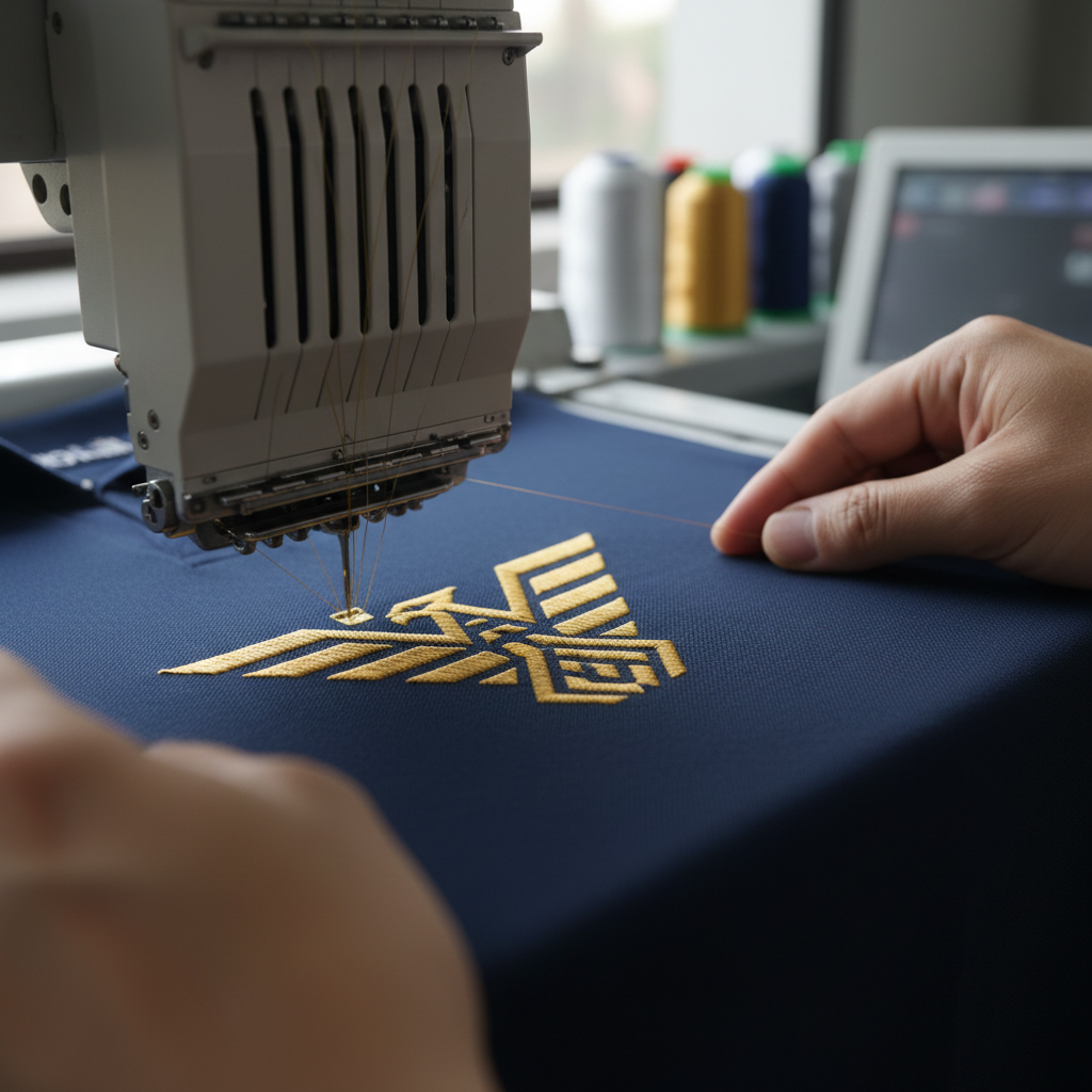 Close-up of embroidery machine needle creating detailed golden thread pattern on navy polo shirt fabric Close-up of embroidery machine needle creating detailed golden thread pattern on navy polo shirt fabric