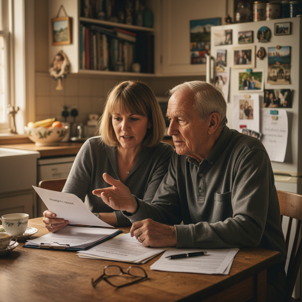 Adult child and elderly parent discussing property documents together at kitchen table in home with warm natural lighting Adult child and elderly parent discussing property documents together at kitchen table in home with warm natural lighting