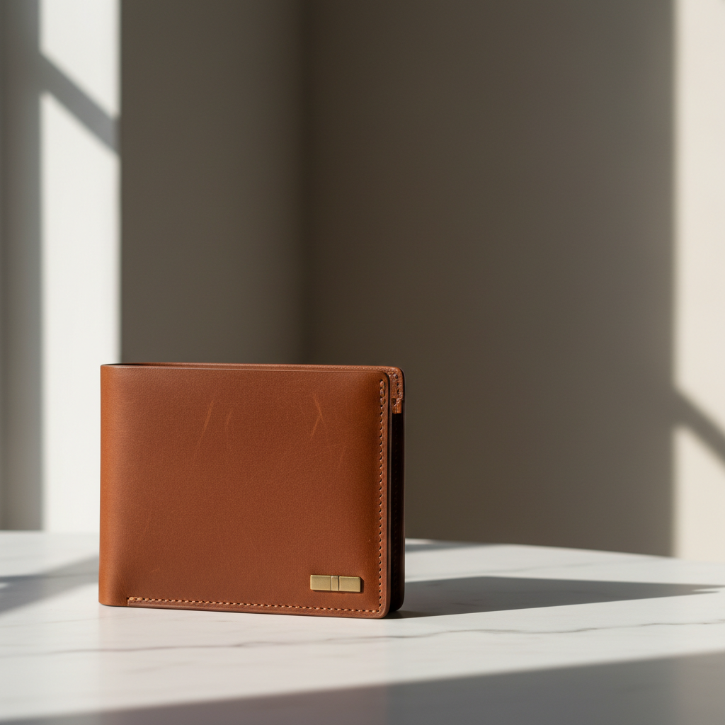 Close-up of premium cognac leather wallet showing hand-stitched details and metallic hardware on marble surface