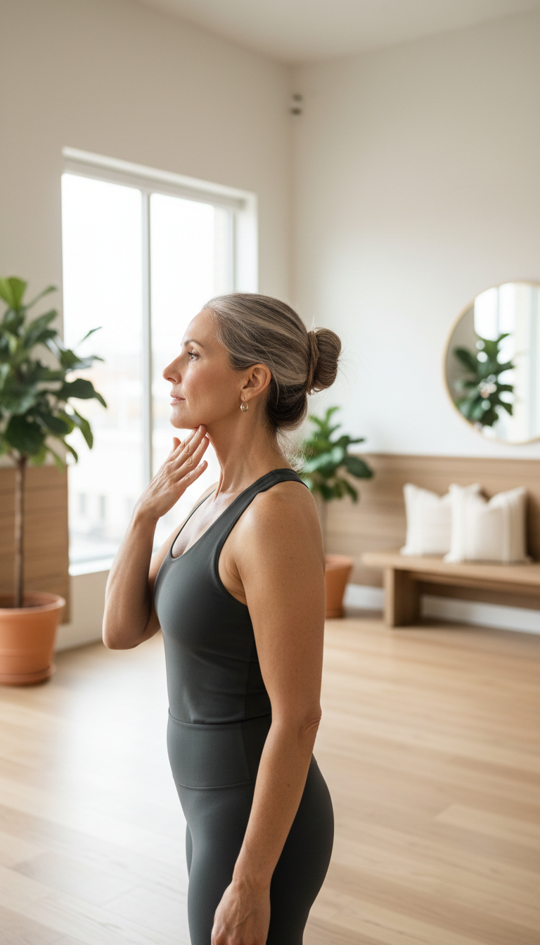Mature woman demonstrating facial toning exercise in bright, modern wellness studio with natural window light Mature woman demonstrating facial toning exercise in bright, modern wellness studio with natural window light