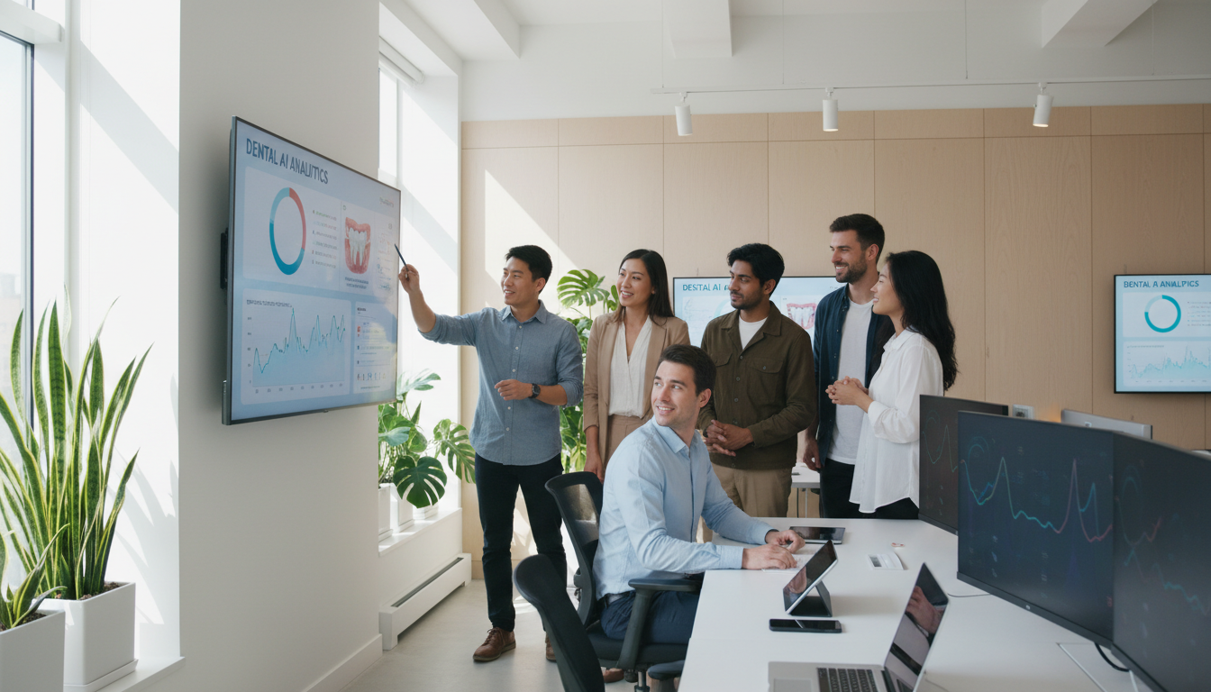 Diverse team collaborating around monitor displaying dental health analytics in bright, modern tech office