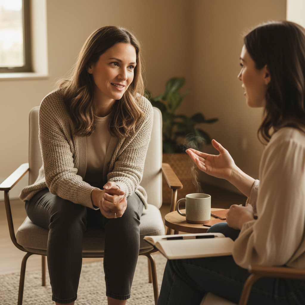 Two women in coaching session facing each other, one leaning forward with compassionate expression listening intently Two women in coaching session facing each other, one leaning forward with compassionate expression listening intently