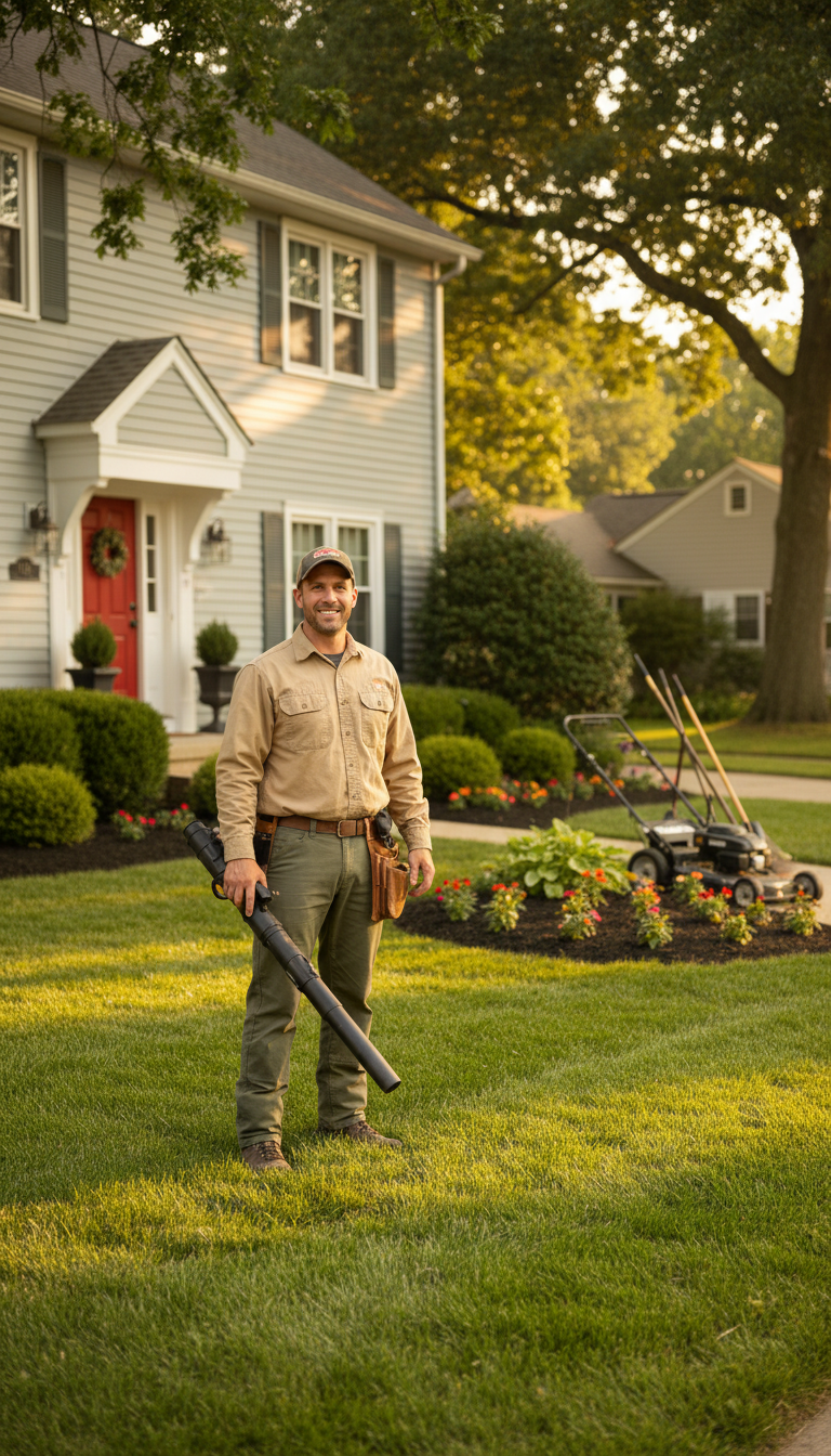 Consistency is key to a healthy lawn across every Texas season. A friendly local landscaper standing in a green yard holding equipment in Porter, Texas.