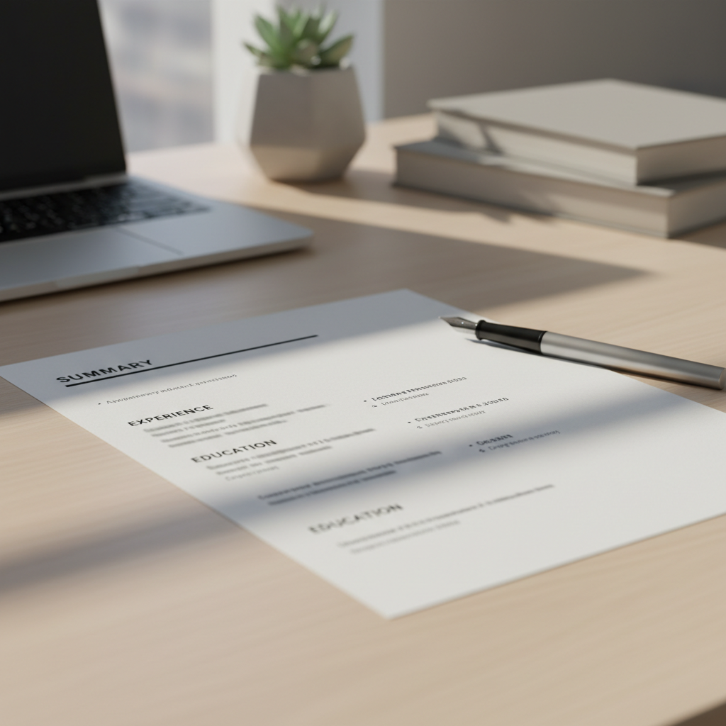 Professional resume with clean formatting and organized sections on wooden desk with natural light