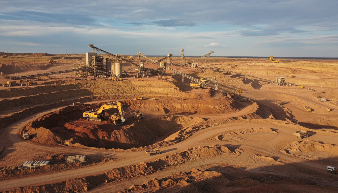 Large-scale mining and industrial infrastructure site with multiple heavy machinery operating across expansive terrain