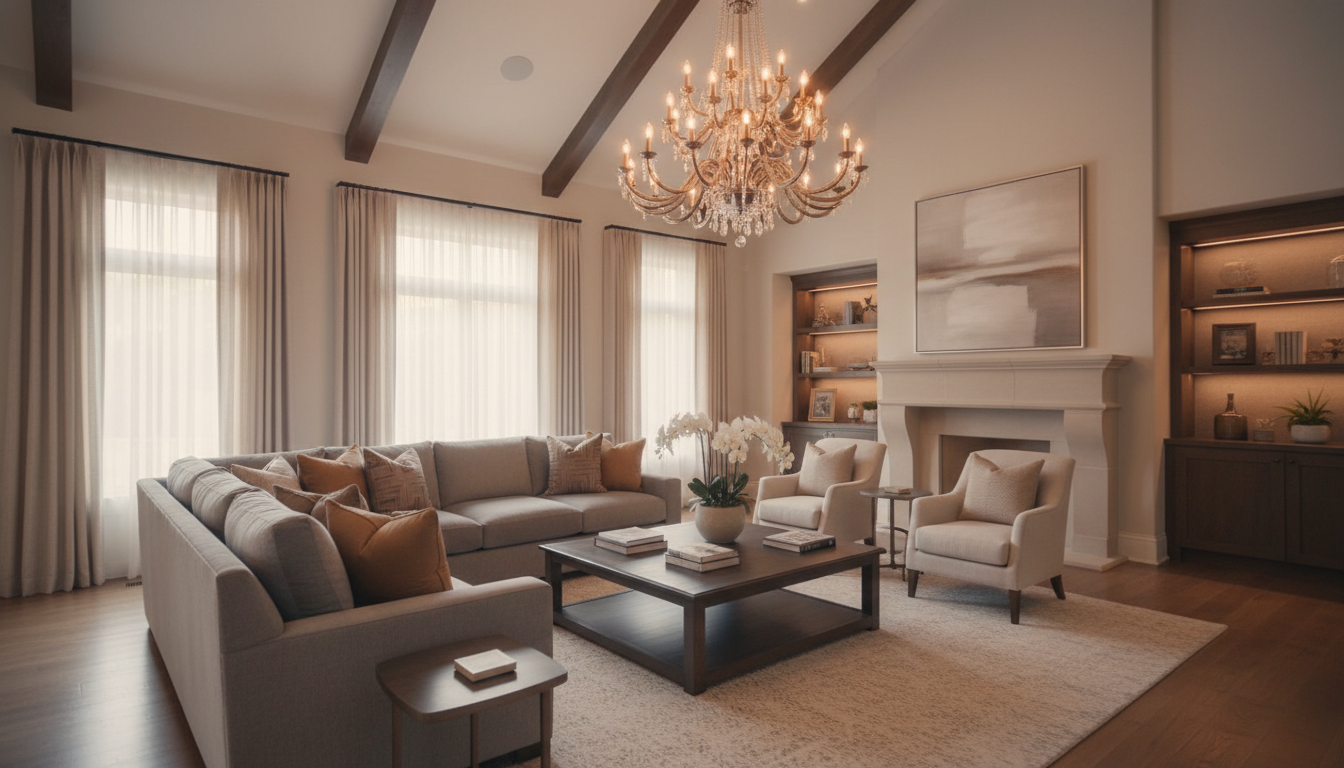 Elegant living room with ornate chandelier hanging from vaulted ceiling, warm ambient lighting creating sophisticated, inviting residential atmosphere
