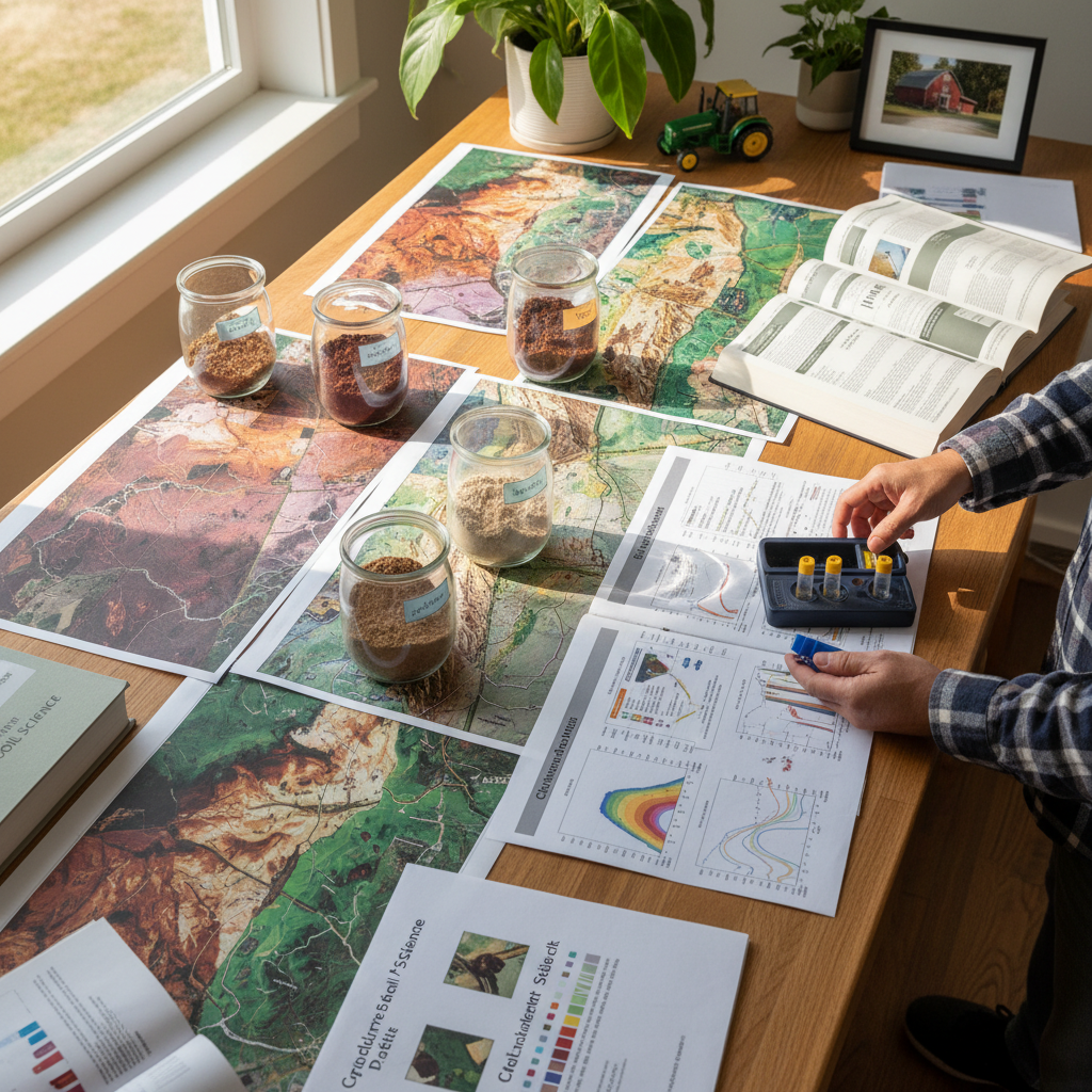 Overhead view of farm consultant's desk with satellite imagery, soil samples, climate data charts, and testing equipment