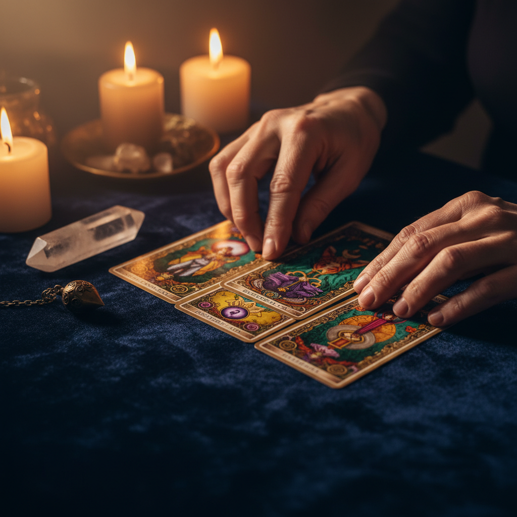 Experienced practitioner's hands laying out tarot cards by candlelight on dark velvet surface with crystals nearby Experienced practitioner's hands laying out tarot cards by candlelight on dark velvet surface with crystals nearby