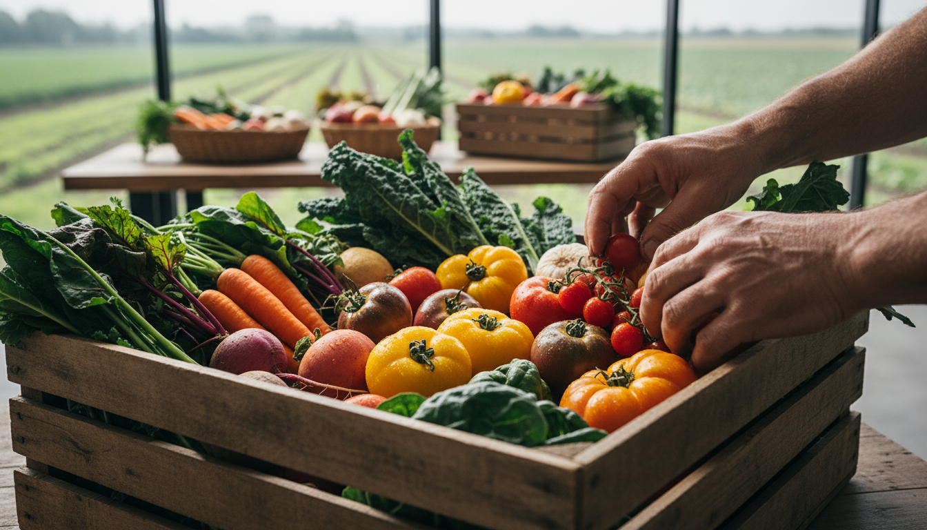 Weathered hands arranging fresh organic tomatoes and greens in wooden harvest crate with natural window light Weathered hands arranging fresh organic tomatoes and greens in wooden harvest crate with natural window light