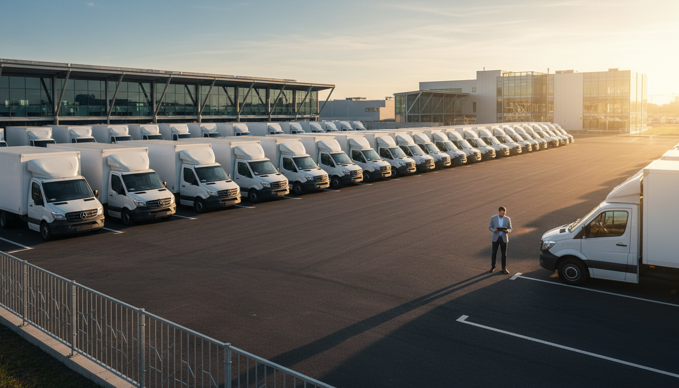 Fleet of white delivery vehicles lined up in organized rows at logistics depot with manager reviewing documentation